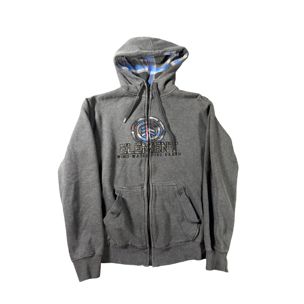 Element Wind Water Fire Earth Zip Up Hoodie Grey Y2K Skater Plaid Lined Large